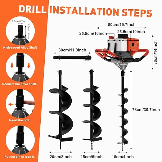 52CC Post Hole Digger Gas Powered, 1.98HP 2 Stroke Auger Post Hole Digger with 3 Drill Bits (4"/6"/8") + 1 Extension Rod for Planting - Ideal for Farm & Garden - Orange-[Arrives in Two Boxes]