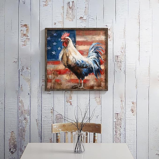 Rooster Wooden Wall Art Decor: Farm Animal Picture Country Cock Flag Framed Artwork Farmhouse Chicken Painting is the Perfect Combination of Energy Nature for the Kitchen Country House 20"x20"