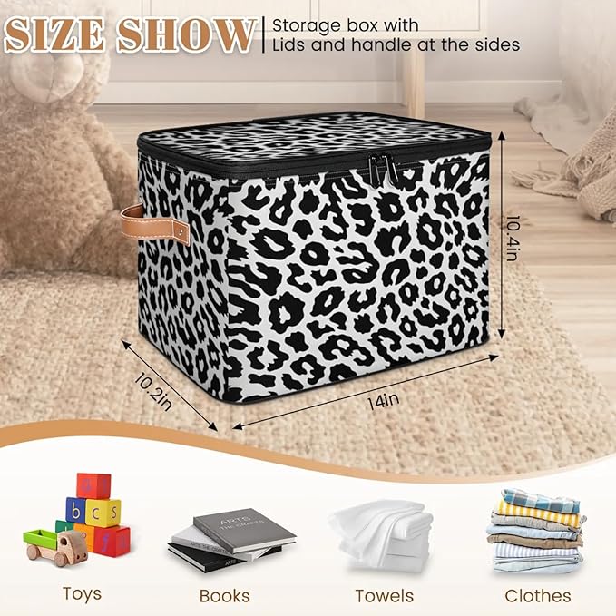 Storage Cubes with Lid Fabric Storage Bins Boxes PU Leather Handles, Leopard Textures Closet Organizer Container Foldable Washable Shelf Cloth Basket, Leopard Print