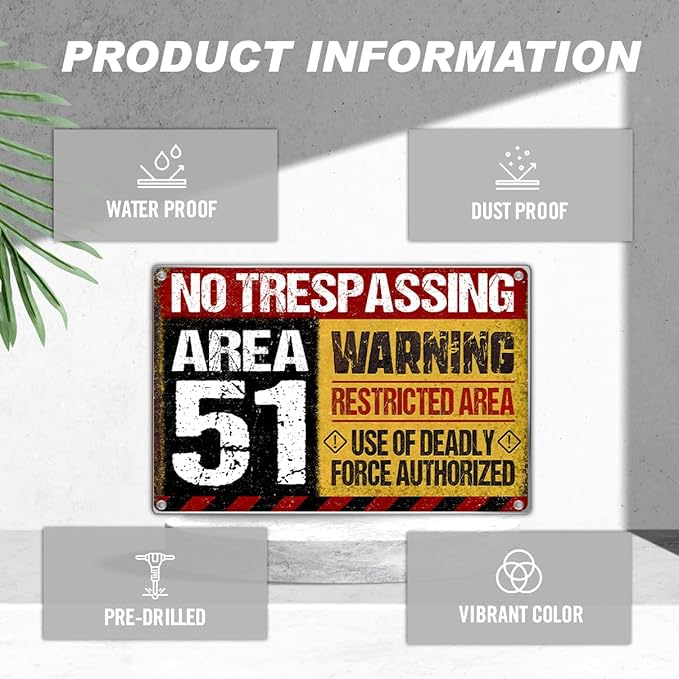 Area No Trespassing Warning Restricted Deadly Force Authorized Metal Sign 12 x 8 Inch Vintage Wall Decor For Garage Bar Man Cave Game Room Aluminum Indoor