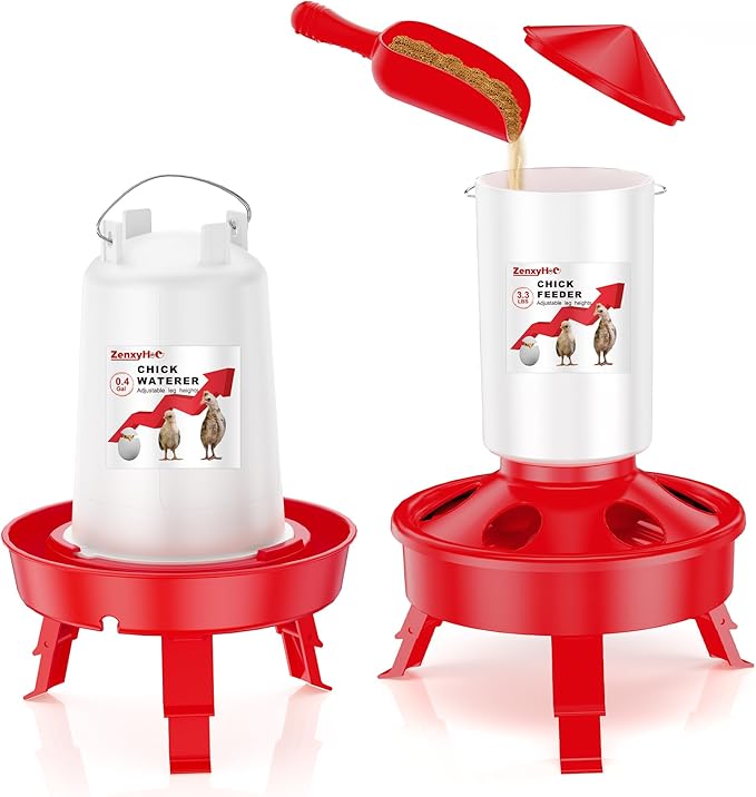 2-in-1 Chick Starter Set: 0.4 Gal Feeder and 0.4 Gal Waterer with Adjustable Legs for Baby Chicks, Includes Scoop, Hanging Hooks, Anti-Drown Design - BPA-Free Plastic (Red)