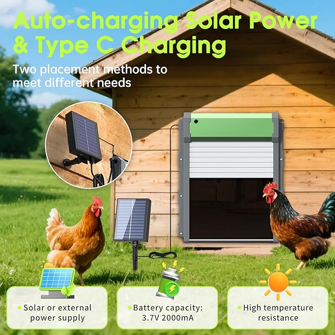 Automatic Chicken Coop Door Solar-Powered Chicken Coop Door with Remote Control - Smart Timer & Light Sensor, Anti-Pinch Safety Design, Large Weatherproof Entry for Poultry (Green)