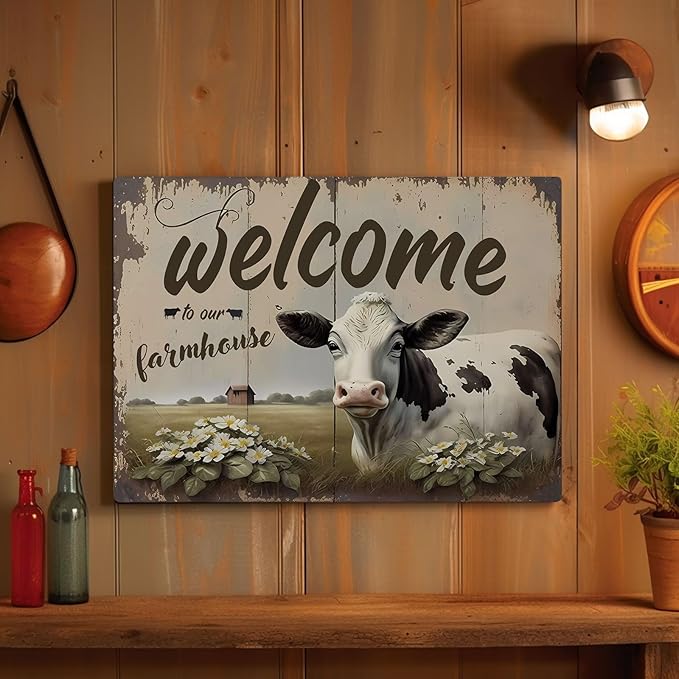 Rustic Farm Welcome Metal Sign Vintage Style Wall Decor for Farmhouse Gift 12x8 Inches