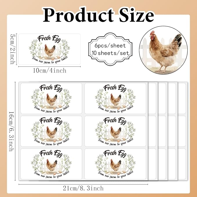 60Pcs 2" x 4" Fresh Egg Labels Self Adhesive from Our Farm to Your Table Chicken Fresh Egg Farm Stickers Packaging Tags for Box Containers Business Farmhouse Market Shop Supplies