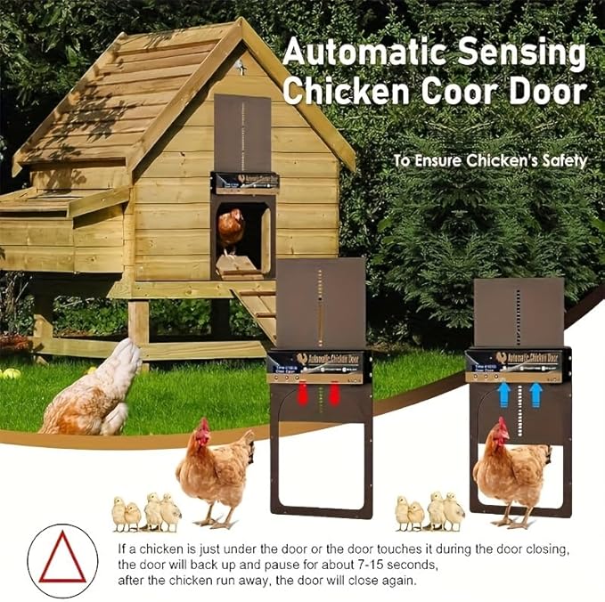 Automatic Chicken Coop Door Solar Powered, IP65 Waterproof Aluminum Auto Chicken Door with Timer Light Sensor Remote Control, Anti-Pinch Protection, LCD Display, 3 Power Modes for Poultry Duck Goose
