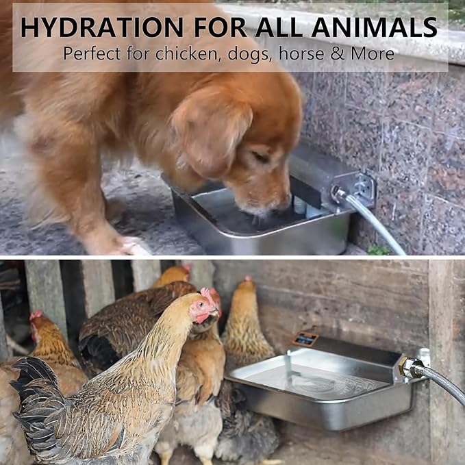 Automatic Chicken Water Dispenser Large 304 Stainless Steel Poultry and Livestock Waterer Heavy Duty Self Refilling Outdoor Water Bowl with Float Valve Installation Accessories and Cleaning Brush