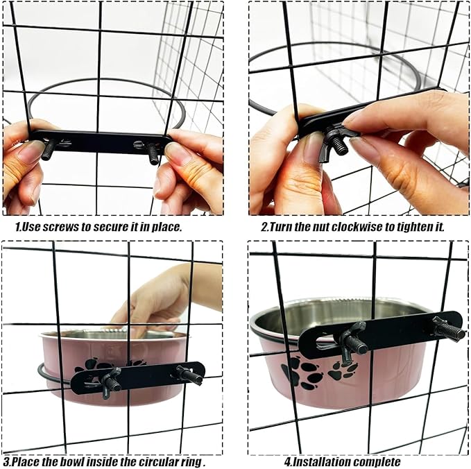 Dog Crate Food and Water Bowl 2Pcs Small Pet Hanging Kennel Removable Dish Feeding Cup with Holder for Medium Large Size Puppy Cat (Pink, 6.3''X2.5''&7.1‘’X2.7'')