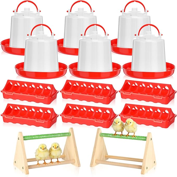 14 Pcs Chick Feeder and Waterer Kit with Wooden Perch Baby Poultry Starter Set 1.5 L Feeding Dispenser for Small Poultry Ducks Quail Pigeon Coop and Brooder