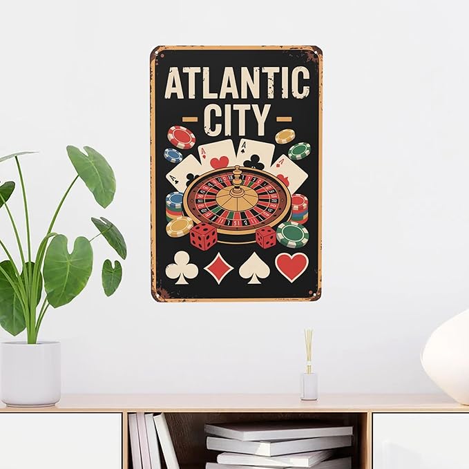 Novelty saying wall decor featuring Atlantic City Metal Tin Sign Game Room Bar Decor Perfect For Hanging In Casino Basement Rustic Vintage Finish Gift For 8x12 inch metal sign for living room wall
