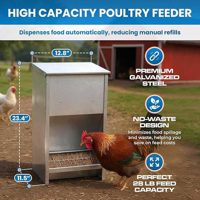 Plexon Steel Poultry Feeder 25lb Capacity – Galvanized Metal Chicken Feeder Turkey Duck Feed Dispenser Wall Mountable Outdoor - Grid to Reduce Waste, No Assembly