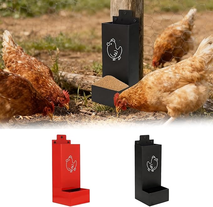 Automatic Chicken Grit Feeder Metal Hanging Poultry Feeder with Anti-Waste Design for Hens and Chicks Easy to Install Clean Outdoor Indoor Coop Accessories Small Farm Ranch Backyard Use (Black)