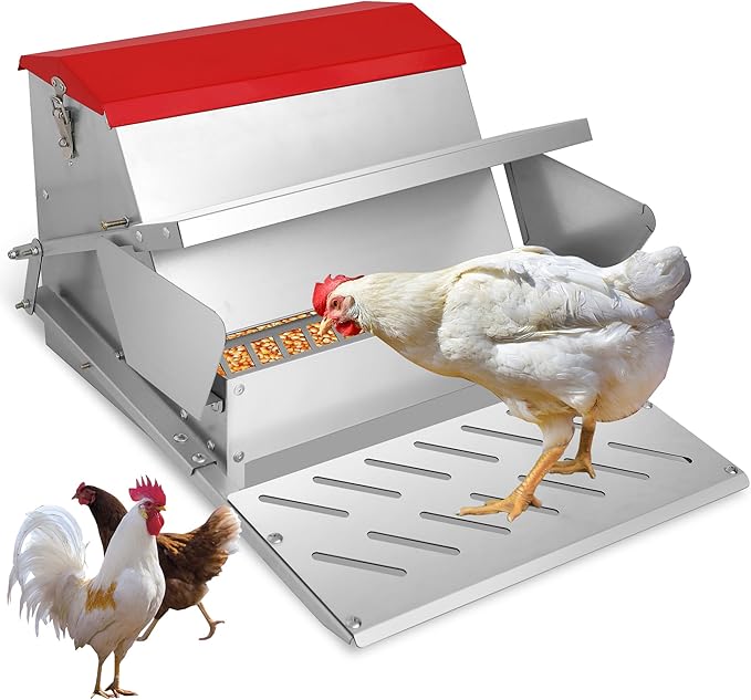 25lbs Automatic Chicken Feeder-Metal Treadle Poultry Feeder, No Waste Rat Proof Chicken Feeder with Sturdy Galvanized Steel Build and Weatherproof Locking Lid for Duck, Fowl, Pheasant Outdoor