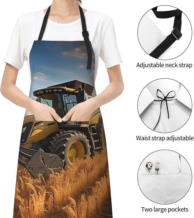 Farm Tractor Harvest Waterproof Apron With 2 Pockets Adjustable Cute Kitchen Aprons Bibs For Women Men Kitchen Garden Decor