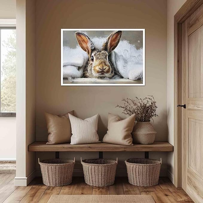 MNFGMH Easter Poster for Wall Cute Bunny Taking a Bath Canvas Print Easter Bathroom Wall Decor for Nursery Kids Room Canvas Roll 16x24 inch