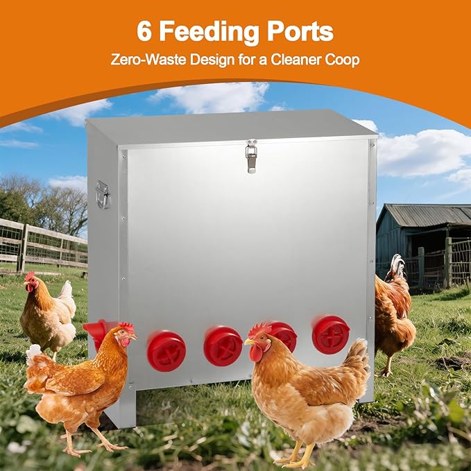 Automatic Chicken Feeder 85-120lbs Capacity, Galvanized Metal Poultry Feeding Equipment, Rainproof & Rodent Proof Large Chicken Food Dispenser for Backyard Coop & Farm Use (6 Ports)