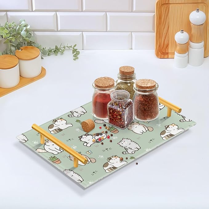 Bathroom Vanity Tray Counter Organizer, Cartoon Cats Green Decorative Tray with Handles Countertop Storage for Bathroom Bedroom Kitchen Home Farmhouse