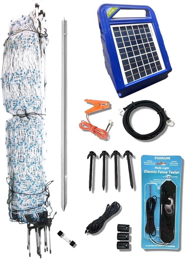 Starkline 48" x 82' Premium Electric Poultry Netting Solar Kit | White/Blue All-in-One Solar Electric Fence Kit for Backyards, Homesteads, Farms, and Ranches