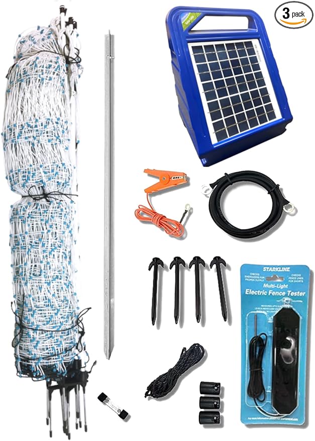 Starkline 48" x 164' Premium Electric Poultry Netting Solar Kit | White/Blue All-in-One Solar Electric Fence Kit for Backyards, Homesteads, Farms, and Ranches