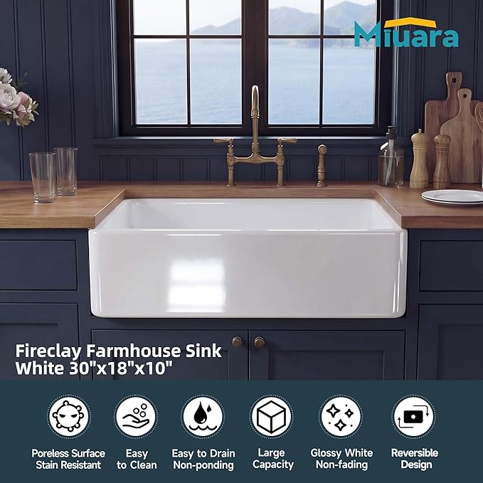 Miuara Farmhouse Sink 30 Inch - White Apron Front Undermount Kitchen Sink Reversible 30"x18"x10", Farm House Style Single Bowl, Heavy Duty Solid Fireclay, Glossy White, for Kitchen & Laundry