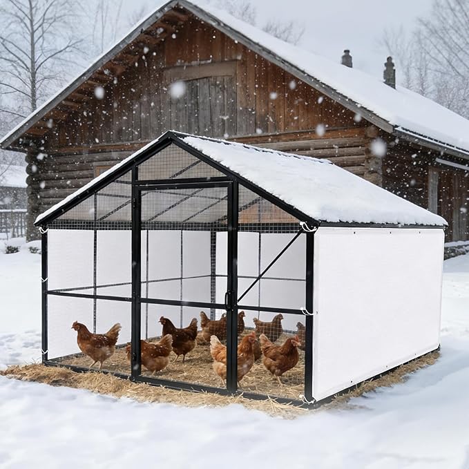 11.3 x 6.5 FT Chicken Coop Cover, Waterproof Chicken Run Tarp with 20 Ball Bungees Cords, Poultry Winterizing Insulation Blanket for Winter, Large Sun Snow Cloth for Outdoor, Easy to Install
