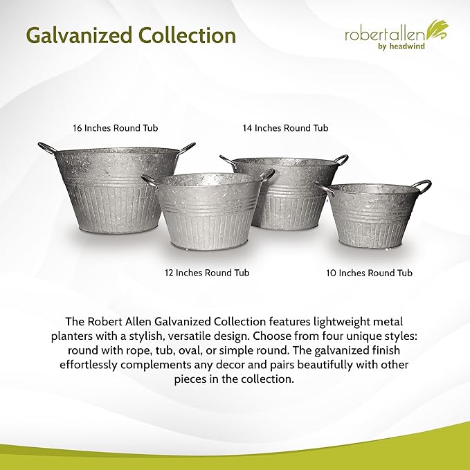 Headwind Decorative Planter - Round Galvanized Tub Planter with Handles – 16 Inch Lightweight Metal Planter with Drainage Hole – Galvanized Steel Tub for Plants - Metal Flower Pot by Robert Allen