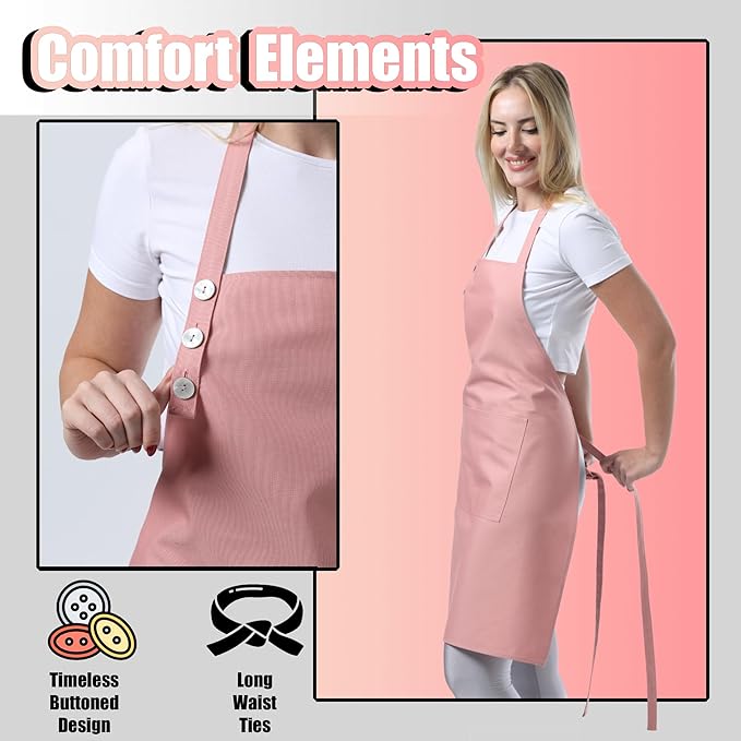 TOSHE Kitchen Apron Waterdrop Resistant Cotton Apron with adjustable Aprons for Women with Pockets 10 Color option Cooking Powder Pink Apron (Powder Pink)