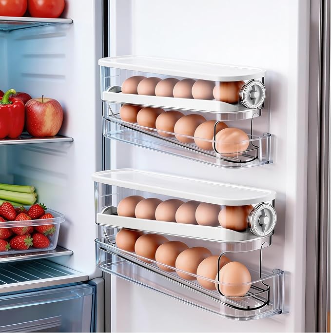 Auto Rolling Egg Holder for Fridge, Egg Dispenser/Organizer/Storage/Container with Lid & Date Timer for Refrigerator, Sturdy and Durable Space-Saving Egg Tray for 12 Large Eggs