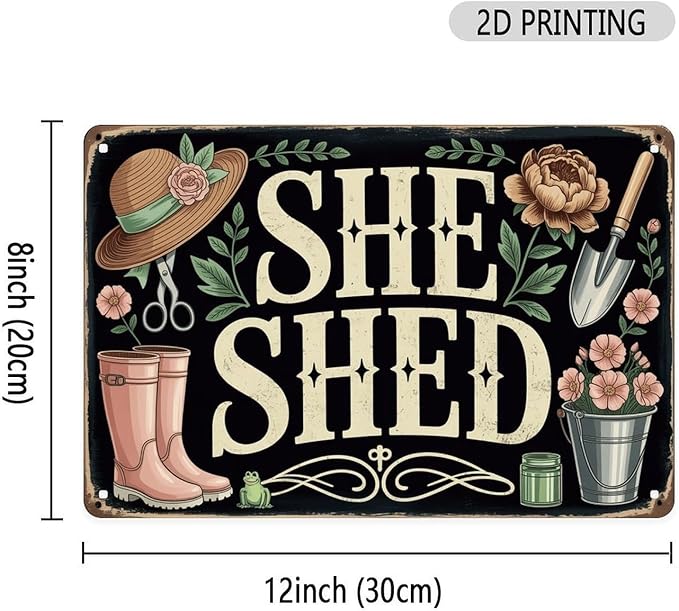 She Shed Decor Tin Sign Vintage Gardening Metal Sign Print Aesthetic for Garden Yard Bar Porch Home Bedroom Kitchen Wall Decor Gift 8 X 12 in