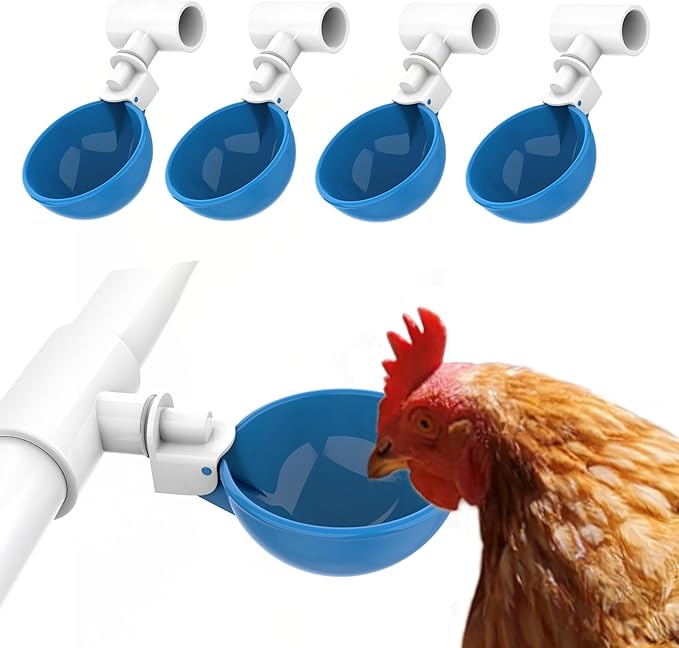 Lil'Clucker Large Automatic Chicken Waterer Cups and 1/2" PVC Tees - Chicken Water Feeder - Suitable for Chicks, Duck, Goose, Turkey and Bunny - Poultry Water Feeder Kit (Blue, 5-Pack)