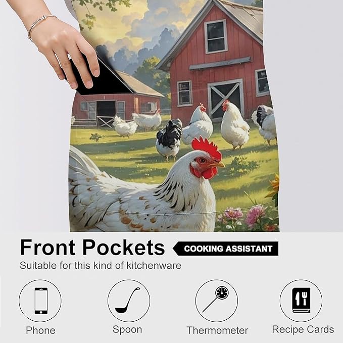 Chickens And Farm Chef Apron for Men Women with 2 Pockets Water & Oil Resistant Bib Aprons Adjustable Neck Strap & Long Ties Work Apron for Cooking Grilling Serving Crafts Gardening