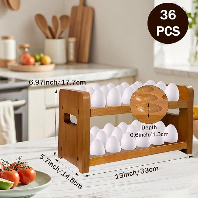 Egg Holder Countertop, Wooden Egg Holder for Fresh Eggs, Farmhouse Kitchen Egg Tray Rack Holds 36, Firewood Egg Storage with Carry Handle for Easter Eggs, Duck, and Quail Eggs (1Set)