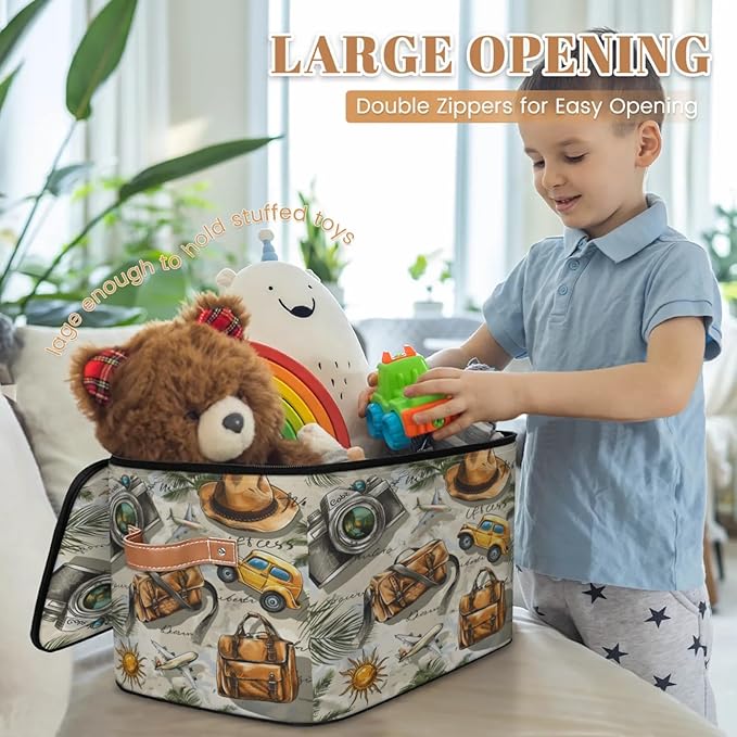 Storage Cubes with Lid Fabric Storage Bins Boxes PU Leather Handles, Cars Travel Closet Organizer Container Foldable Washable Shelf Cloth Basket, Tropical Palm Leaves
