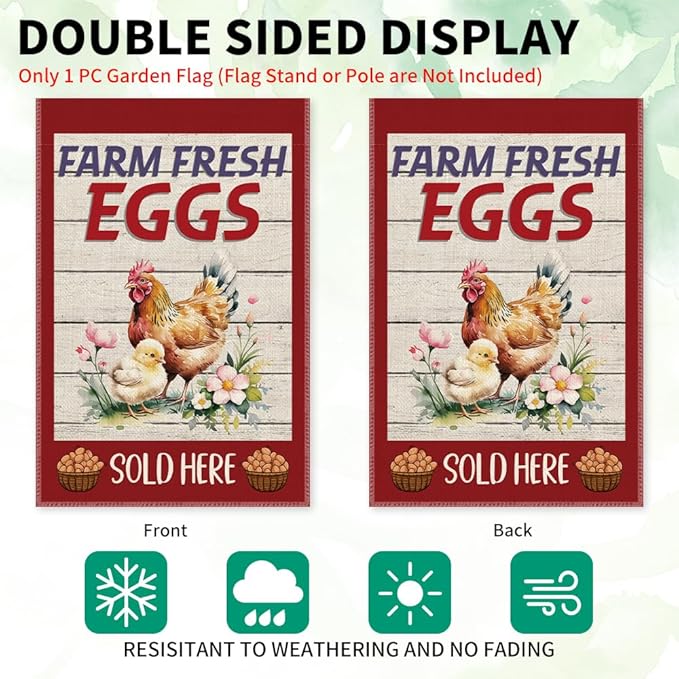 Farm Fresh Eggs Slod Here Garden Flag, Double Sided Farmhouse Chicken Coop Outdoor Decor Yard Flag Gifts, Welcome to the Farm Flags for Chickens Lover, Funny Chicken Sign Business Supplies