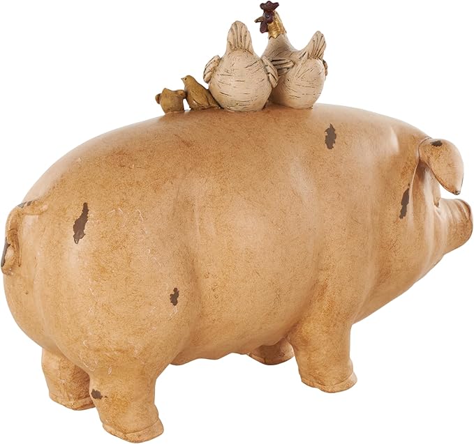 Deco 79 Resin Pig Sculpture with Roosters and Chicks, 15" x 6" x 11", Light Brown