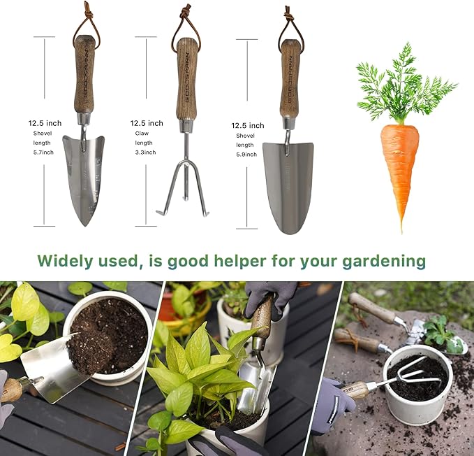 GOODSMANN Garden Tools Set, 3 Piece Stainless Steel Gardening Kit, Hand Trowel, Marker Measurements Transplanter and Cultivator Garden Hand Shovel for Digging Weeding Planting Turning Soil
