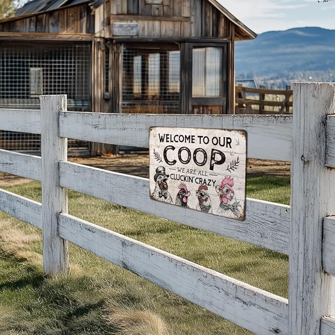 Heuhuww Funny Chicken Coop Sign Chicken Decor-Welcome To Our Coop Vintage Rooster Decor for Farm Fence Home 12" x 8"(H9)
