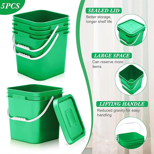 Mumufy 5 Pcs 3.5 Gallon Square Food Grade Bucket with Lid Square Bucket Pail Plastic Handles for Long Term Food Storage, Camping, Fishing, Home Organization Easy Stack and Store (Green)