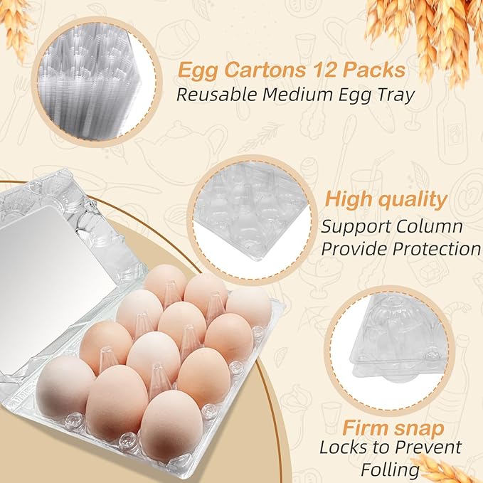 50 Pack Plastic Egg Cartons with Sticker Labels for 12 Eggs，Containers Cheap Bulk for Egg Storage and Transport Refrigerator, Family, Chicken Farm, Market, Camping