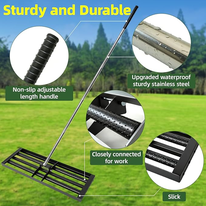 Lawn Leveling Rake 30"×10", Stainless Steel Landscaping Tool with 6.5ft Adjustable Handle, Effort-Saving with 2 Rollers, Foldable Leveler Rake for Yard, Topsoil, Farm, Backyard, Black