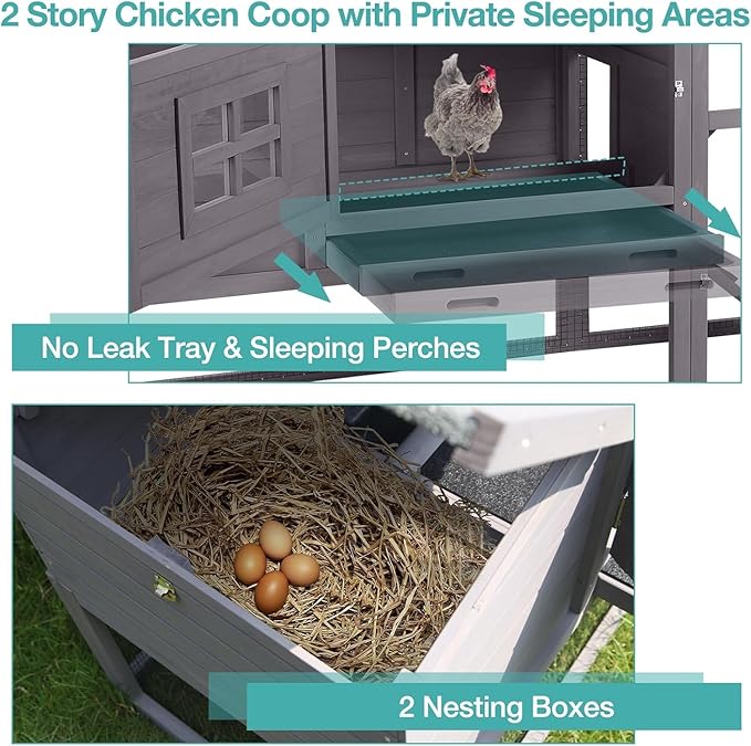 Chicken Coop for 4 Chickens, Mobile Chicken House with with Wheels, Outdoor Hen House Poultry Cage with Nesting Box, Leakproof Pull Out Tray and UV-Resistant Roof (67.3" L x 29" W x 39.4" H)