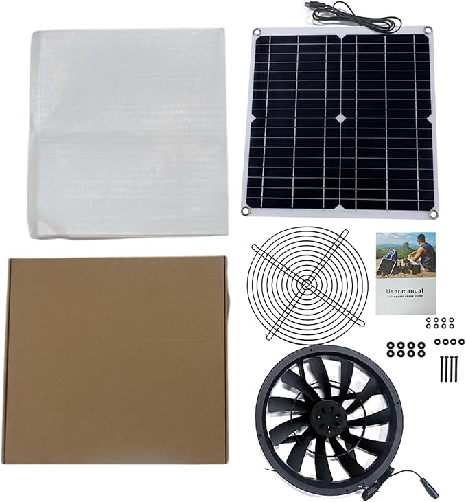 9.8in Solar Exhaust Fan Kit with 30W Solar Panel, Portable IP65 Waterproof Ventilation System for Greenhouse, Chicken Coop, Shed, Dog House - High Airflow, Durable ABS Material,