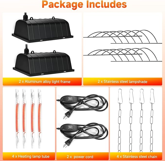 300W 2Mode Heat Lamp for Chickens,Brooder Heater 12000H Carbon Fiber Bulbs, 4PCs Heat Lamp Tubes, Adjustable Temp & Height, Waterproof Chicken Coop Heat Plate, UL-Certified Heater for Poultry, Pets