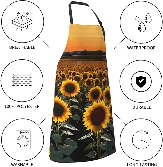 Farm Sunflowers Waterproof Apron For Adults With Two Large Pockets,Adjustable Neck And Waist Ties,Full-Length Bib Design-Polyester Fabric