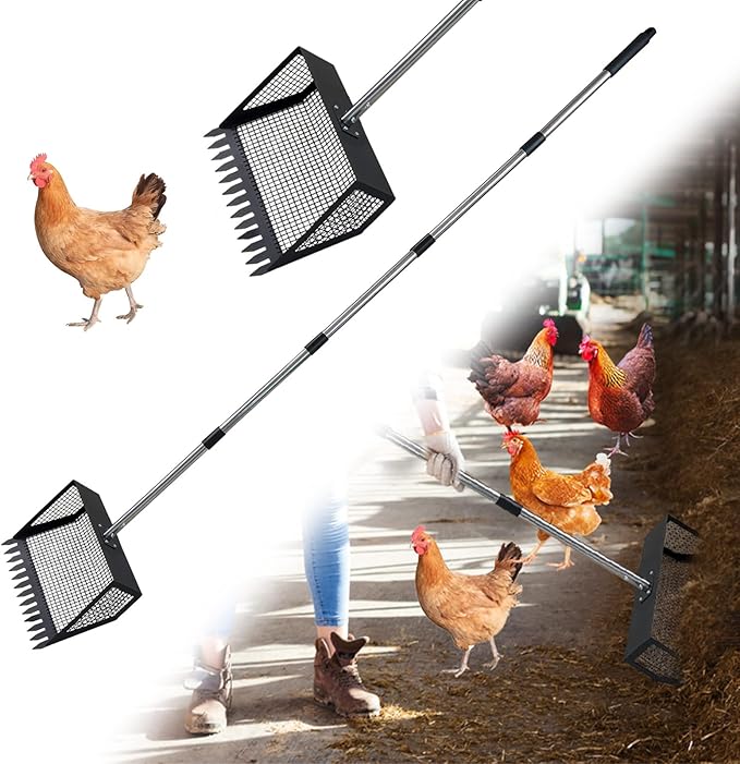 Chicken Poop Scooper & Rake 2-in-1, 304 Stainless Steel Litter Scoop Shovel, Sand Sifting Shovel Coops for Chicken Coop & Pet Waste Cleaning,- Adjustable 22" to 62"
