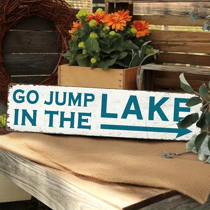 Go Jump in the Lake Metal Tin Sign Rustic Teal Lake Decor Wall Hanging for Farmhouse Lake House Bathroom Bedroom Entryway Vintage Style Wall Art 4x16 Inch