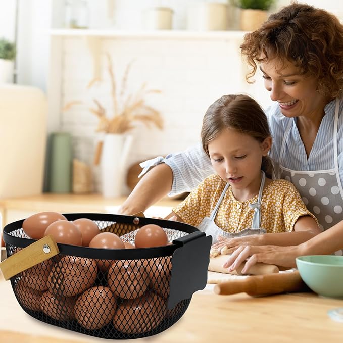 Farmhouse Egg Baskets for Gathering Fresh Eggs, Oval Metal Egg Collecting Basket Egg Holder with Wooden Handle, Countertop Kitchen Decor
