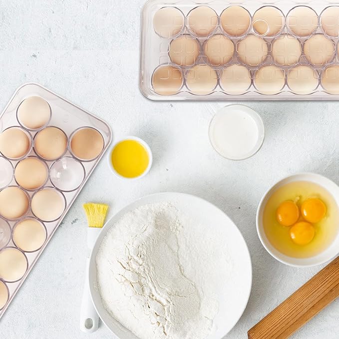 2 Pack 18 Egg Holder for Fridge - Plastic Stackable Egg Tray Holder With Lid - Egg Storage Container Organizer Bins with Air Hole and Handles for Refrigerator, Freezer, Pantry Organization - Clear