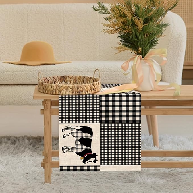 Seliem Buffalo Plaid Check Cow Table Runner, Farm Animals Kitchen Dining Table Decor, Farmhouse Burlap Home Decoration Indoor Outdoor Party Supply 13 x 36 Inches