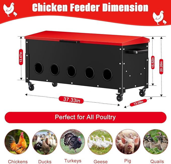 Large Capacity Chicken Feeder, 120lbs Automatic Poultry Feeder with Wheels, Galvanized Steel Metal, Weatherproof Lid & 10 Feeding Ports Design for Hens, Ducks, Geese, No Waste Outdoor Feeder
