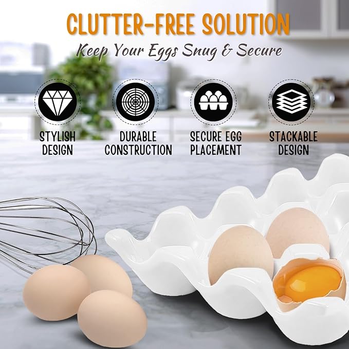 Flexzion 12 Cups Ceramic Egg Holder for Fridge - Dozen Ceramic Egg Tray Porcelain Container Storage Organizer Decorative Serving Stand Serveware for Refrigerator Countertop Display (White, 2 Pack)